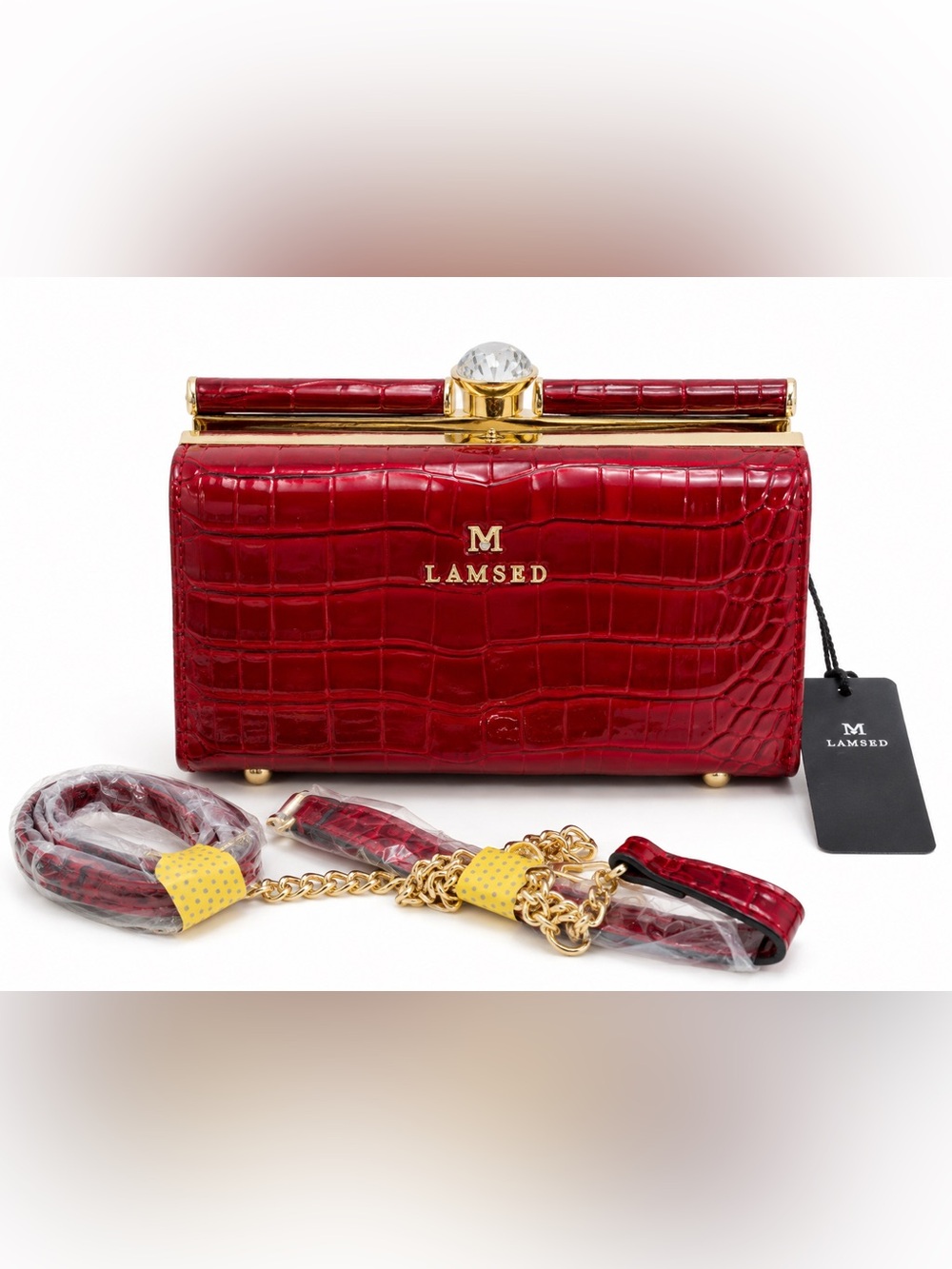 LAMSED Wine Red Croc Embossed Crystal Clasp Evening Bag Clutch NWT